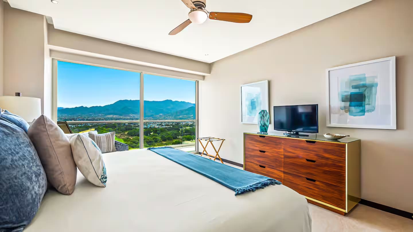 Master bedroom has a view of the Sierra Madre Mountains